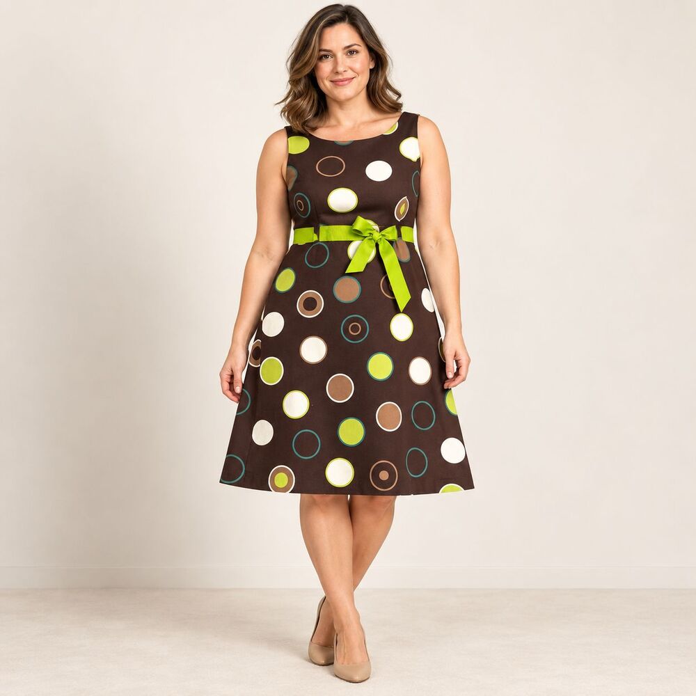 Jessica Howard Dress Women's 12 Brown Circle Sleeveless A-Line Bow Retro Cotton
